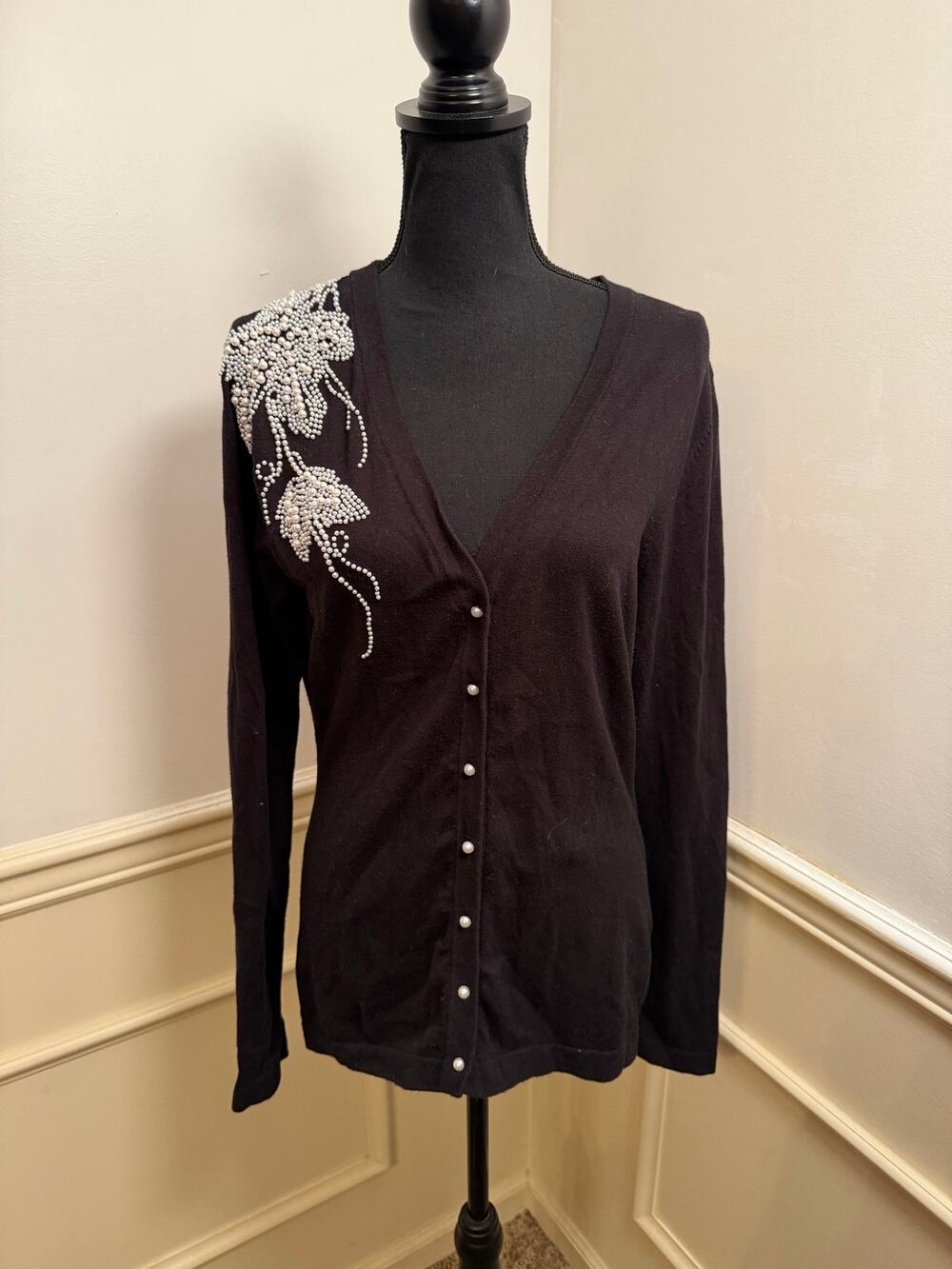 TOGETHER Black Faux Pearl Embellished V-Neck Button-Up Cardigan Sweater Cotton